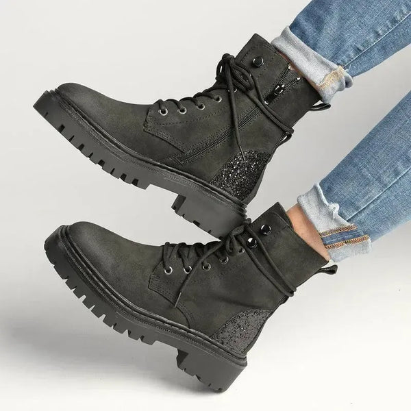 Alessio Kate Chunky Military Boot - Black Glitter