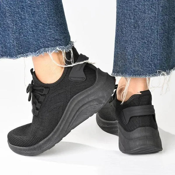 Alessio Ladies Chunky Sole Fly Knit Lace Up Sneaker - Black