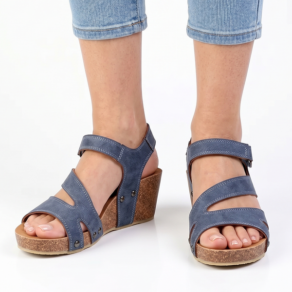 Alessio Ladies Cork Velcro Strap Wedge Sandal - Blue