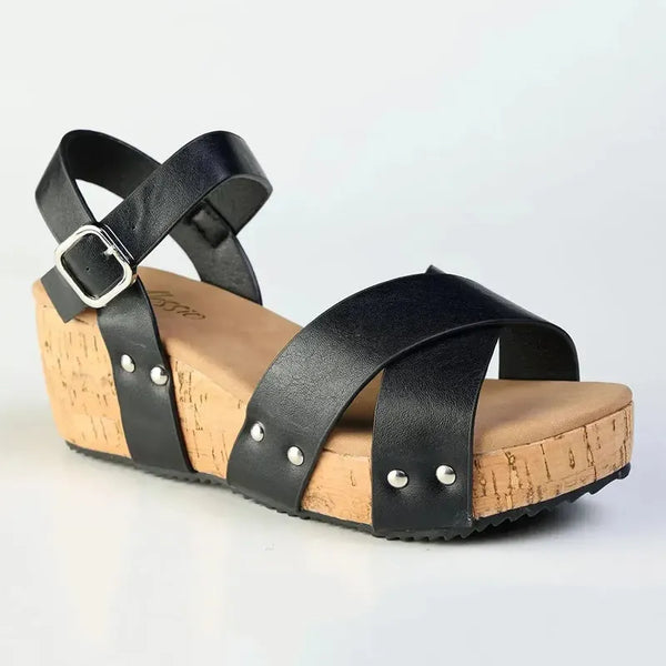Alessio Ladies Cork Wedge Strips Sandal - Black