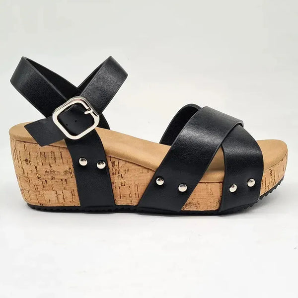 Alessio Ladies Cork Wedge Strips Sandal - Black