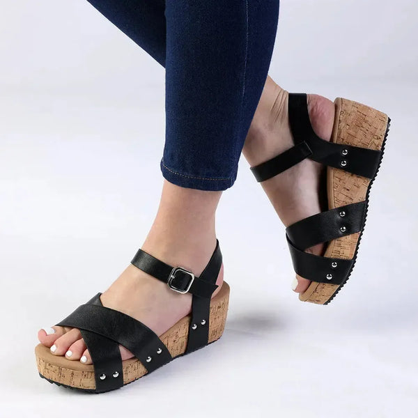 Alessio Ladies Cork Wedge Strips Sandal - Black