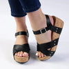 Alessio Ladies Cork Wedge Strips Sandal - Black