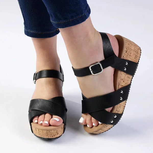 Alessio Ladies Cork Wedge Strips Sandal - Black