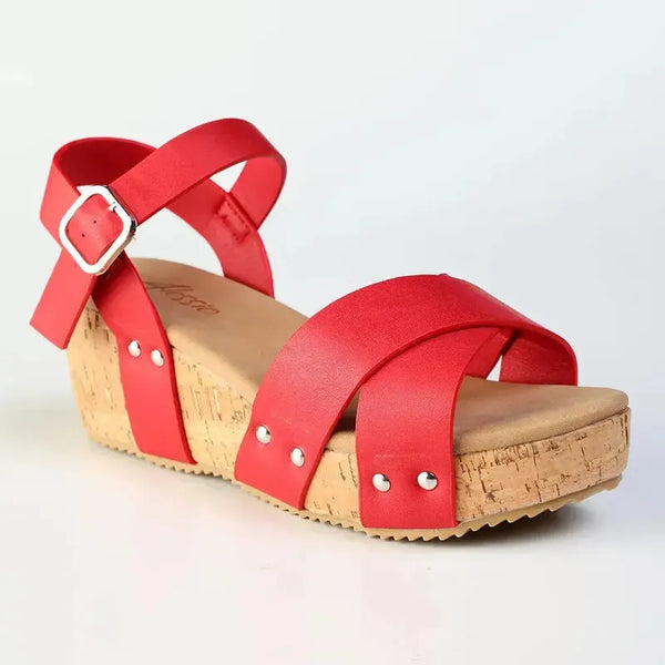 Alessio Ladies Cork Wedge Strips Sandal - Red