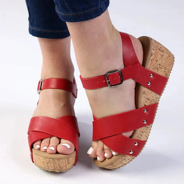 Alessio Ladies Cork Wedge Strips Sandal - Red