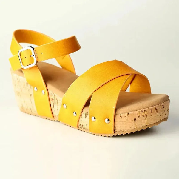 Alessio Ladies Cork Wedge Strips Sandal - Yellow