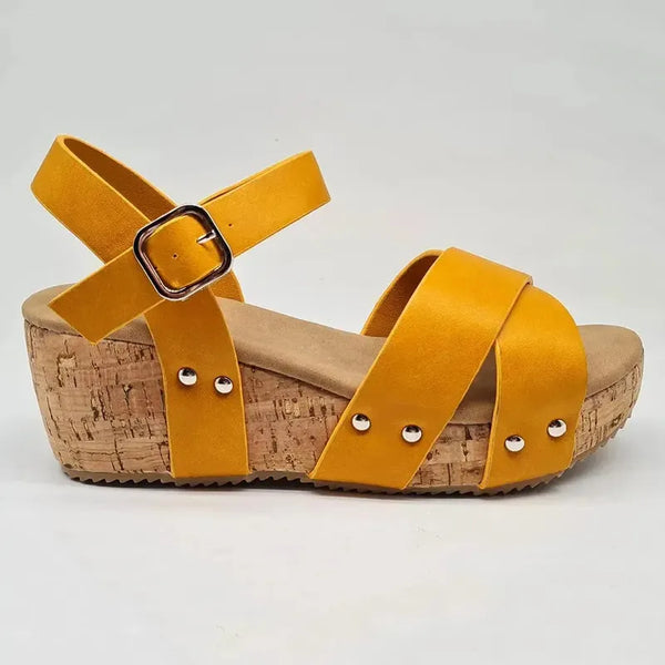 Alessio Ladies Cork Wedge Strips Sandal - Yellow