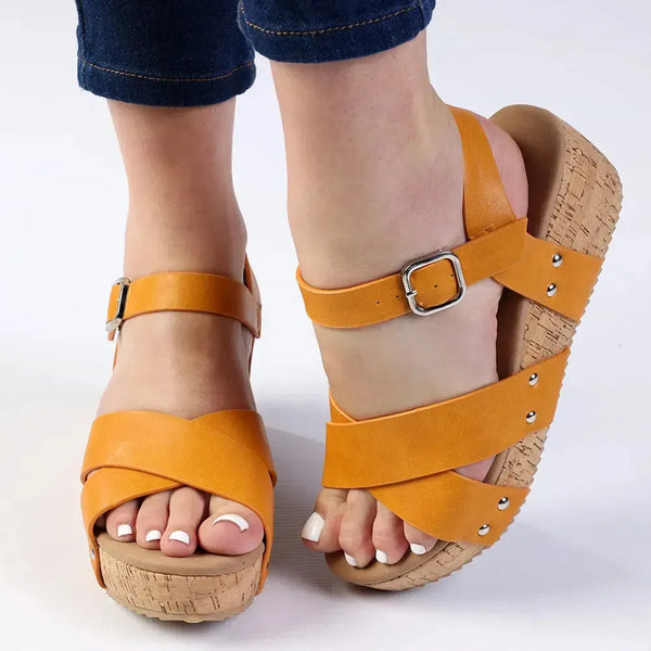 Alessio Ladies Cork Wedge Strips Sandal - Yellow