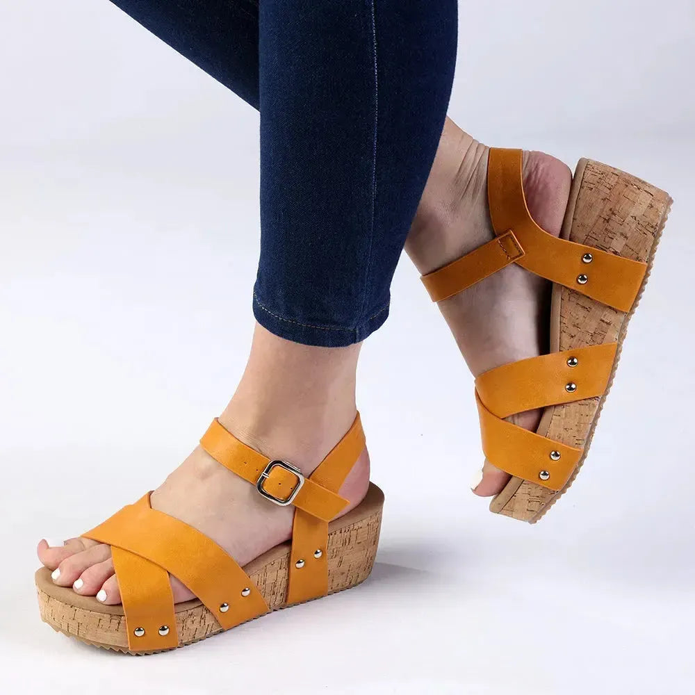 Alessio Ladies Cork Wedge Strips Sandal - Yellow | Shoe Box Online