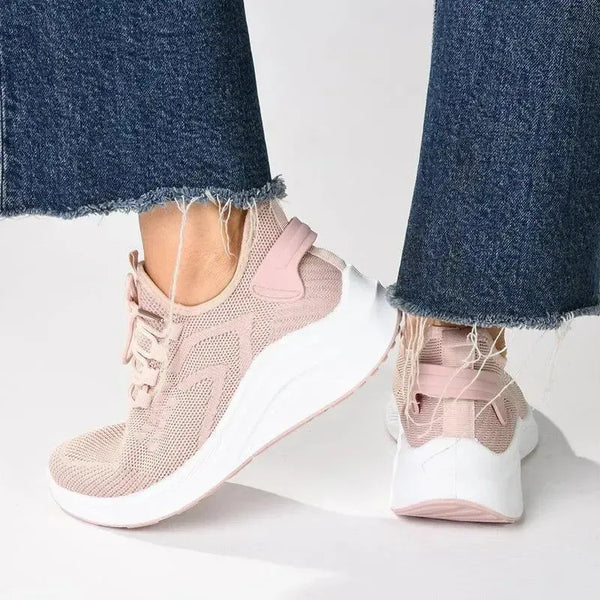 Alessio Ladies Thick Sole Fly Knit Lace Up Sneaker - Pink / White