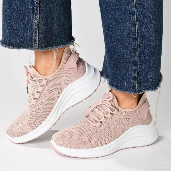 Alessio Ladies Thick Sole Fly Knit Lace Up Sneaker - Pink / White