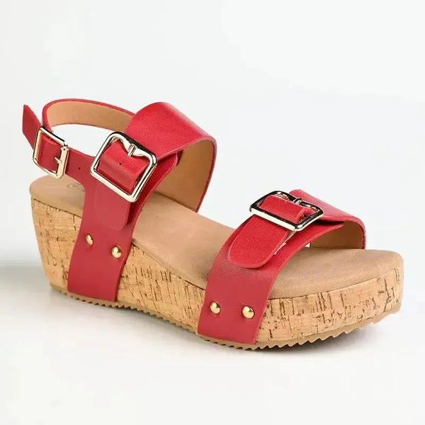 Alessio Two Strap Cork Wedge - Red