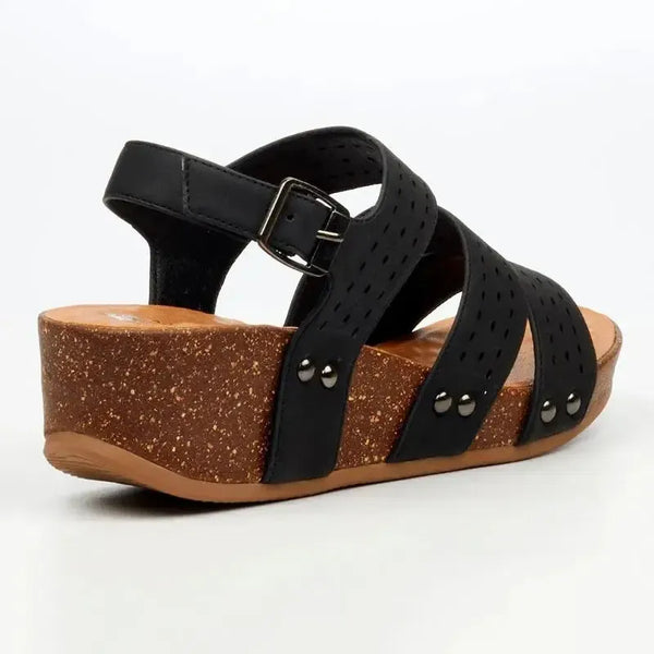Butterfly Feet Cheyan 2 Perforated Strappy Wedge Sandal - Black