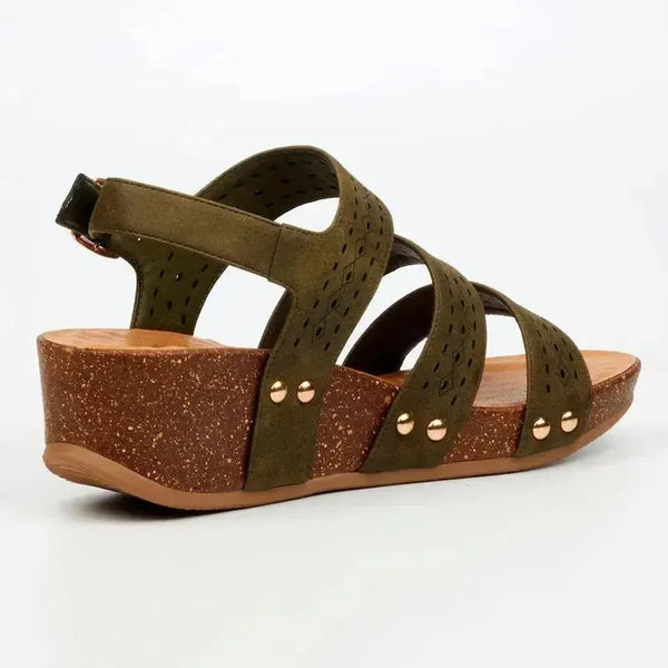Butterfly Feet Cheyan 2 Perforated Strappy Wedge Sandal - Olive