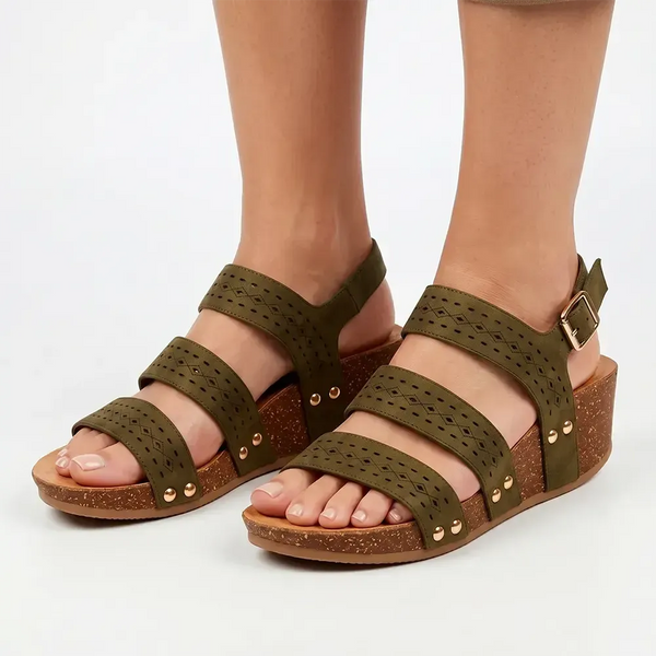 Butterfly Feet Cheyan 2 Perforated Strappy Wedge Sandal - Olive