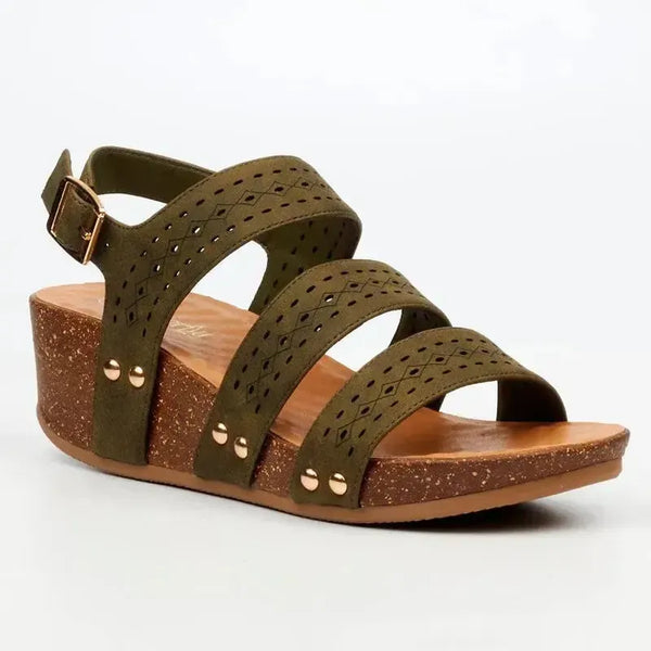 Butterfly Feet Cheyan 2 Perforated Strappy Wedge Sandal - Olive