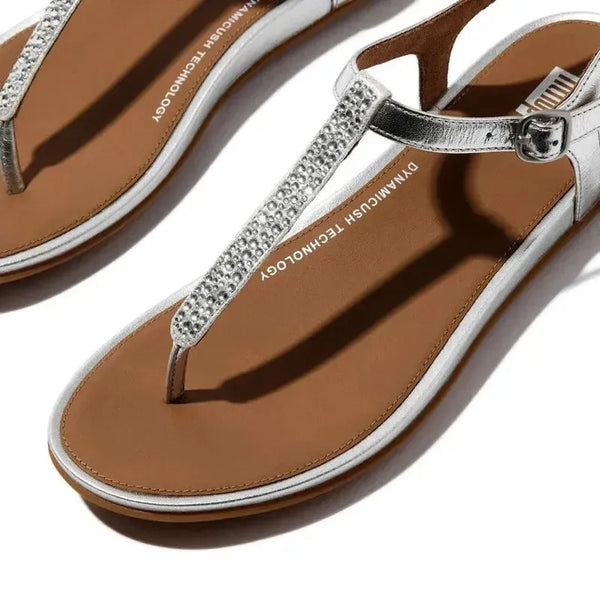 Fit Flop Gracie Crystal-Mix Leather Thong Sandal - Silver