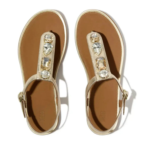 Fit Flop Gracie Ultra Jewel Leather T-Bar Sandals - Platino