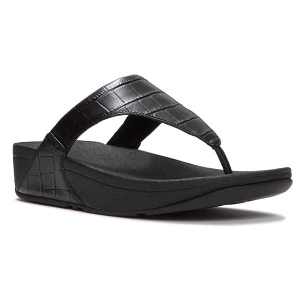 Fit Flop Lulu Toe Post Crocodile Leather Sandal - All Black