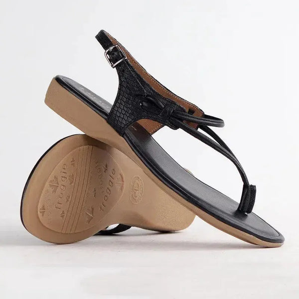 Froggie Ella Leather Snake Skin Comfort Thong Sandal - Black