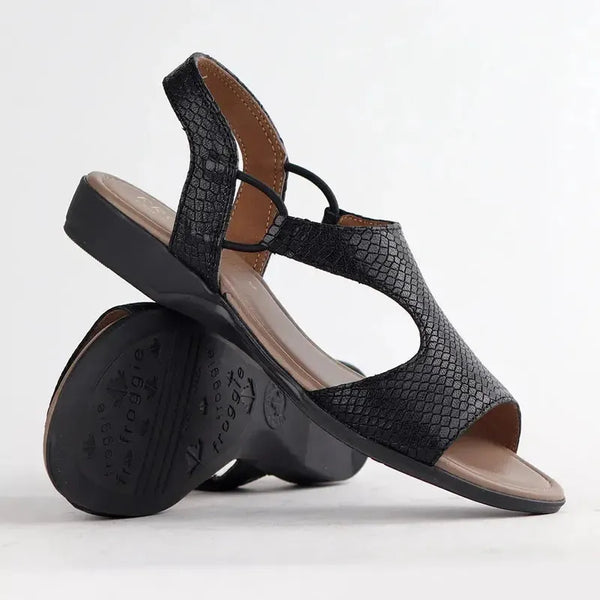 Froggie Ida Leather Flat Snake Skin Sandal - Black
