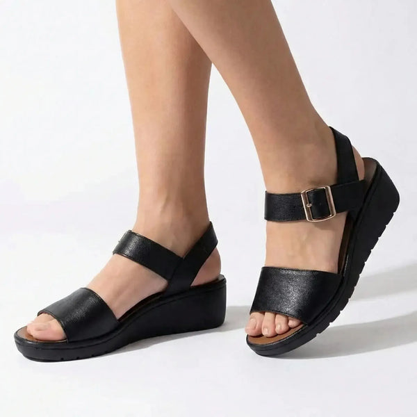 Froggie Megan Lower Leather Wedge Sandal - Black