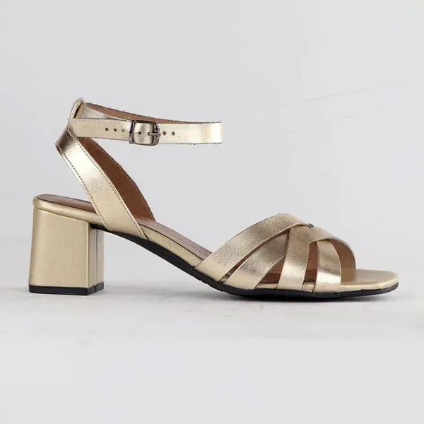Froggie Pen Leather Crossover Strappy Block Heel - Gold