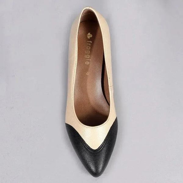 Froggie Spring Leather 2 Toned Block Court Heel - Cream / Black