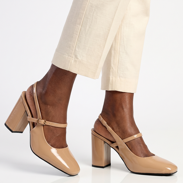Madison Qia Almond Toe Slingback Block Heel - Nude