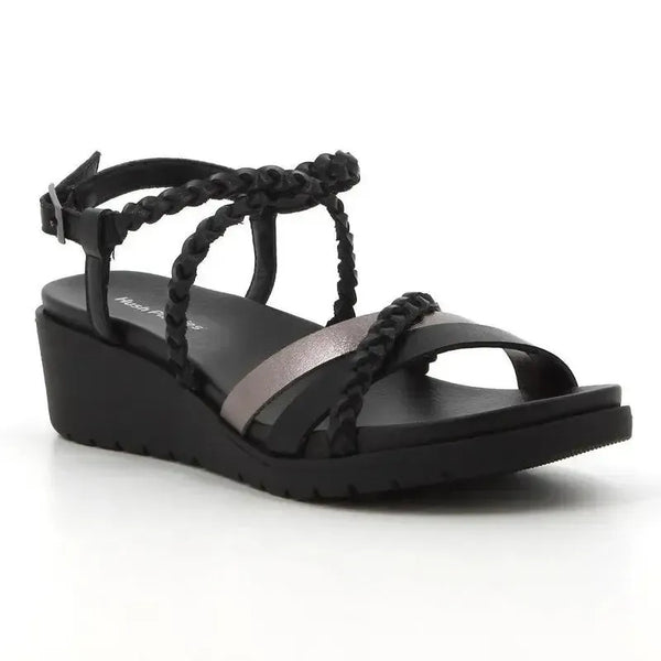 Hush Puppies Reina Calf/Metallic leather Wedge Sandal - Black