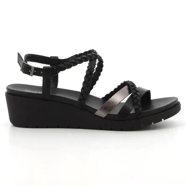 Hush Puppies Reina Calf/Metallic leather Wedge Sandal - Black