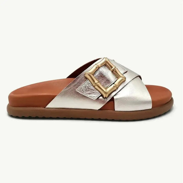 Julz August Leather Cross Over Buckle Sandal - Champagne