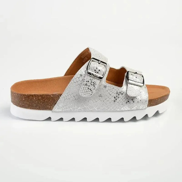 Julz Hudson Leather Double Buckle Footbed Sandal- Silver Snake