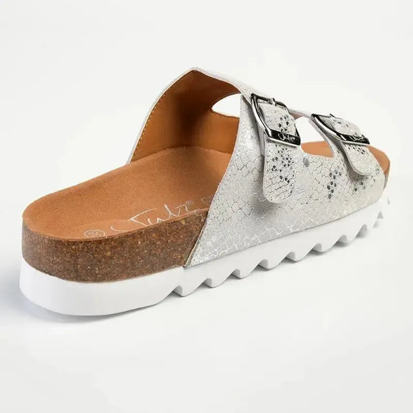 Julz Hudson Leather Double Buckle Footbed Sandal- Silver Snake