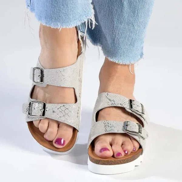 Julz Hudson Leather Double Buckle Footbed Sandal- Silver Snake