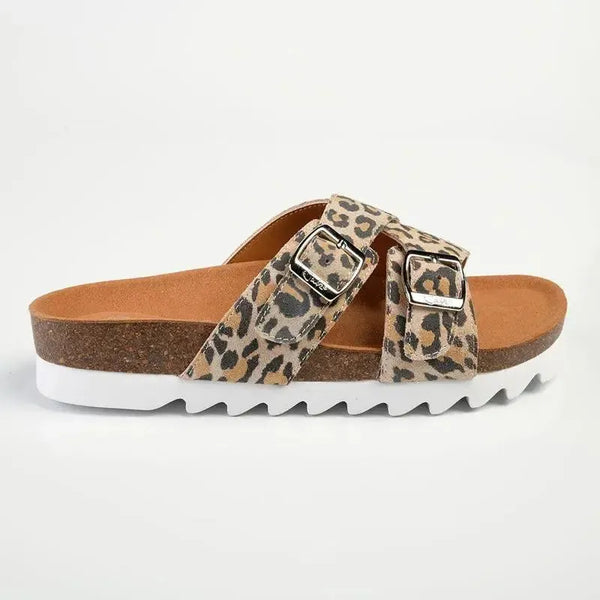 Julz Megan Leather Double Buckle Footbed Sandal - Leopard