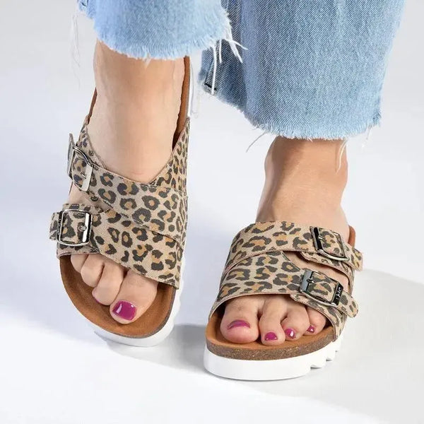 Julz Megan Leather Double Buckle Footbed Sandal - Leopard