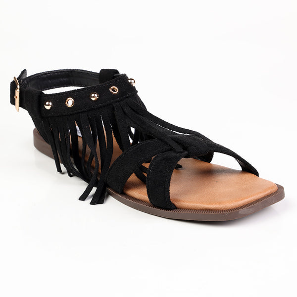 Madison Fringe Detail Flat Sandals - Black