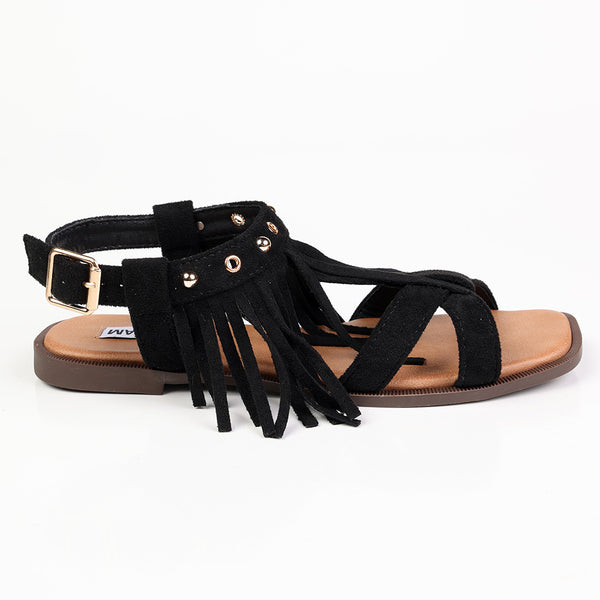 Madison Fringe Detail Flat Sandals - Black