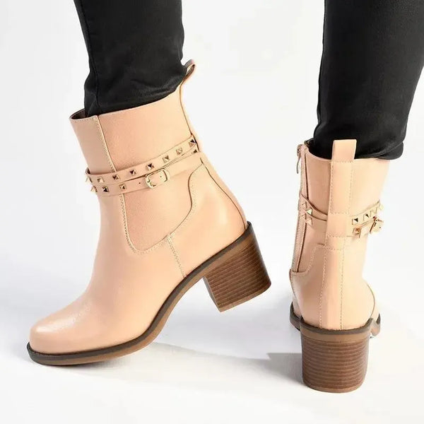 Madison Jonhsy Block Heel Gusset Boot With Stud - Nude
