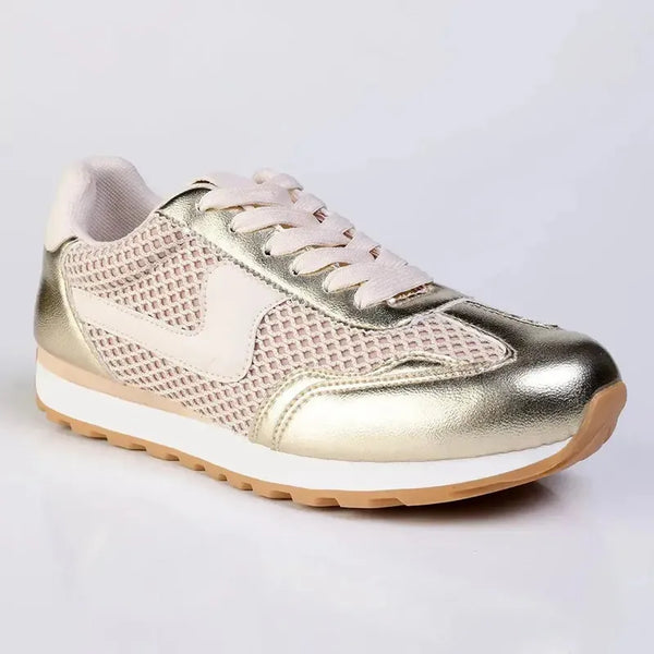 Madison Jullian Lace Up Sneaker With Side Panel - Gold/Beige