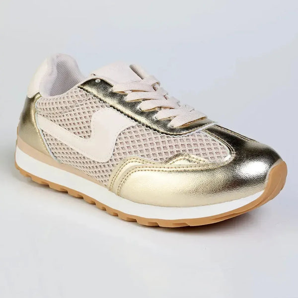 Madison Jullian Lace Up Sneaker With Side Panel - Gold/Beige