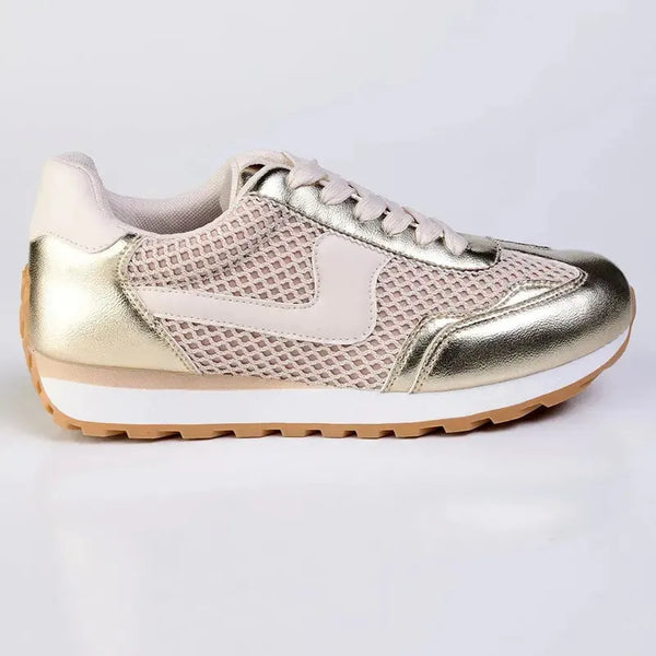 Madison Jullian Lace Up Sneaker With Side Panel - Gold/Beige