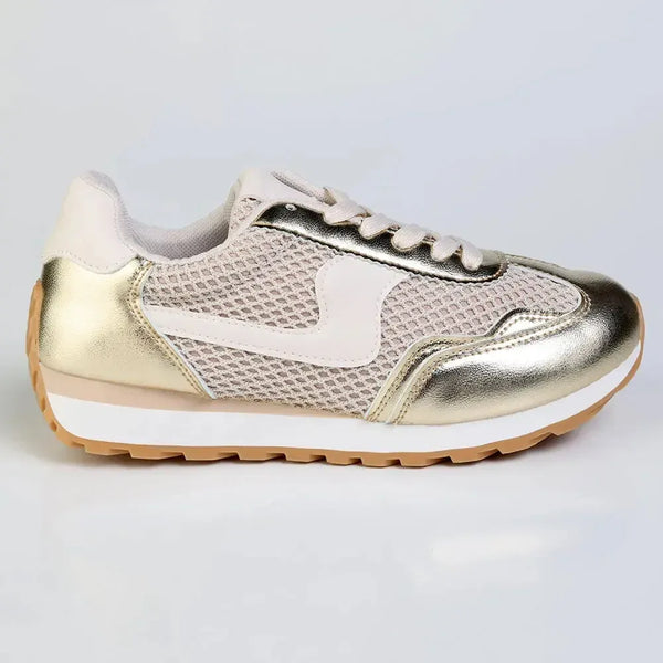 Madison Jullian Lace Up Sneaker With Side Panel - Gold/Beige