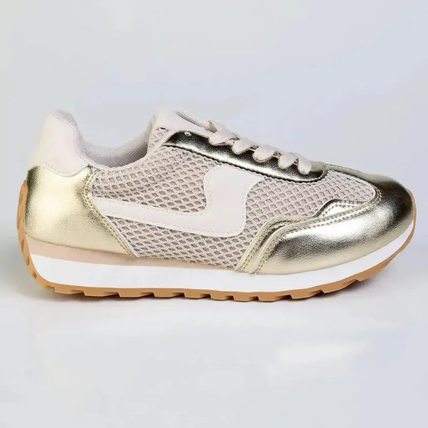 Madison Jullian Lace Up Sneaker With Side Panel - Gold/Beige