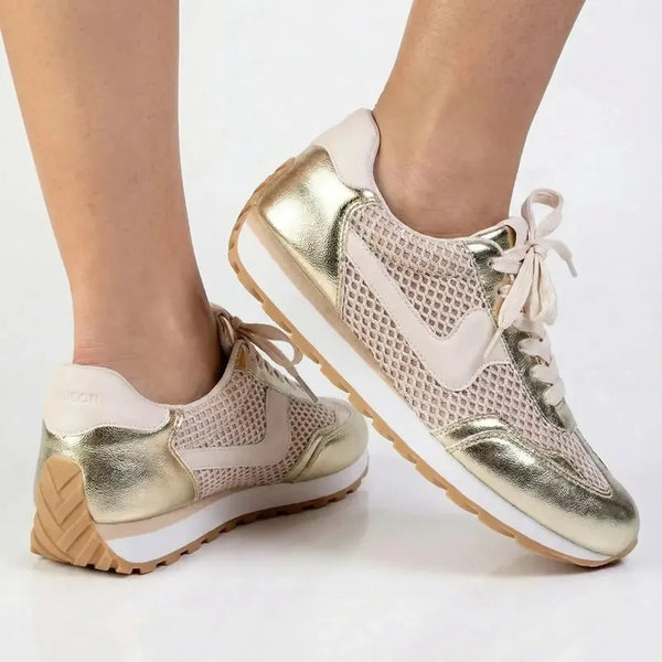 Madison Jullian Lace Up Sneaker With Side Panel - Gold/Beige