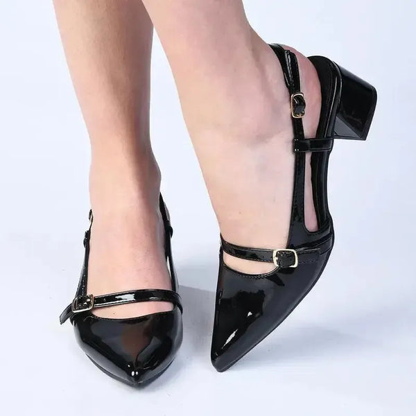 Madison Ladies Cross Strap Court Heel - Black