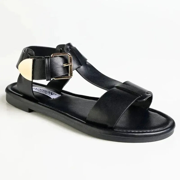 Madison Mika T-Bar Ankle Tie Flat Sandal With Square Buckle - Black