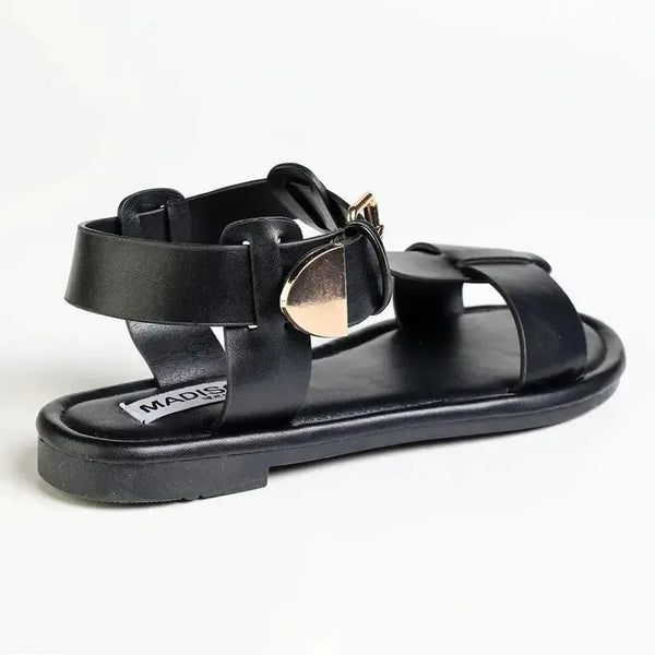 Madison Mika T-Bar Ankle Tie Flat Sandal With Square Buckle - Black